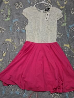 CBR White Lace Top Fuchsia Skirt Fit-and-Flare Dress